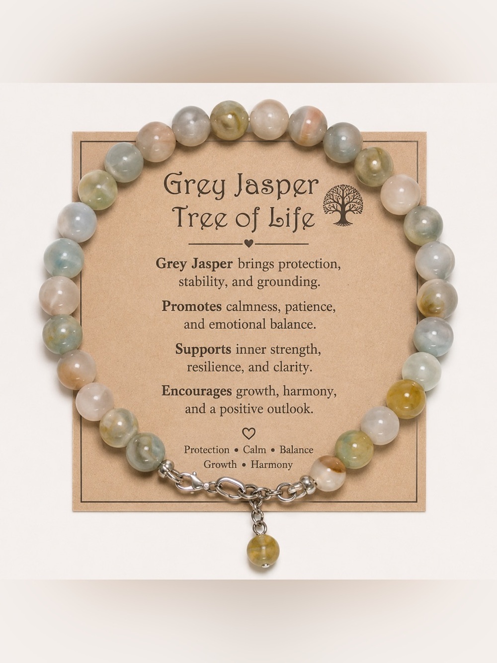 Grey Jasper Tree of Life Bracelet | 6 mm Beads | Protection & Calm